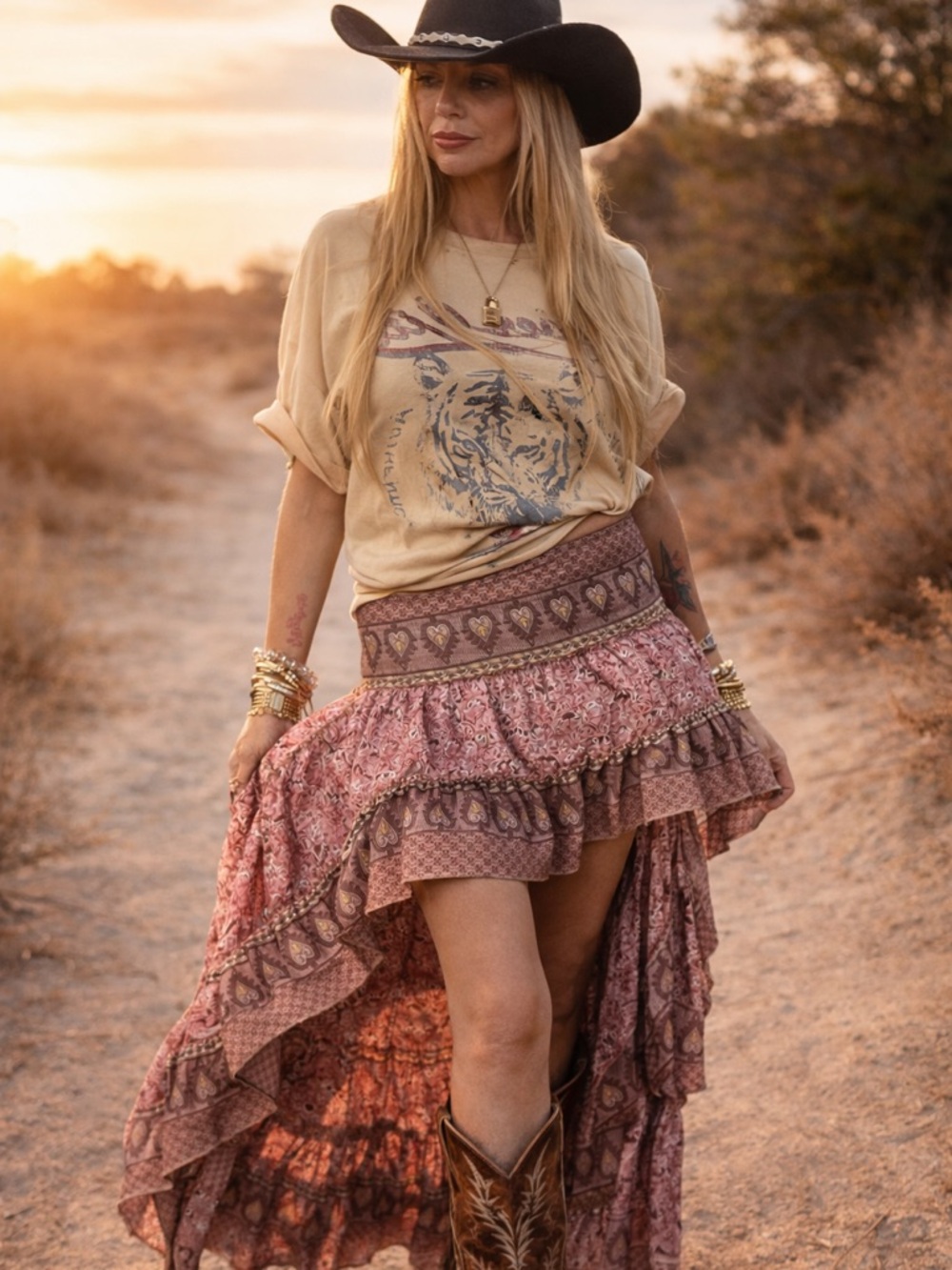 Boho High-Low Tiered Pink Floral Skirt